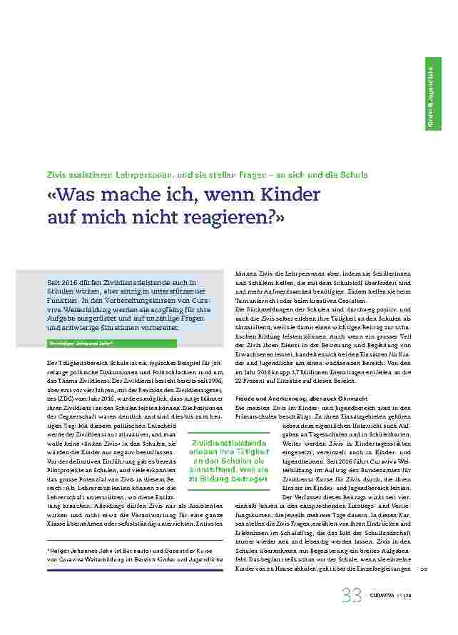Vorschauseite 1: Zivis assistieren Lehrpersonen und stellen Fragen - an sich und die Schule: "Was mache ich, wenn Kinder auf mich nicht reagieren? "