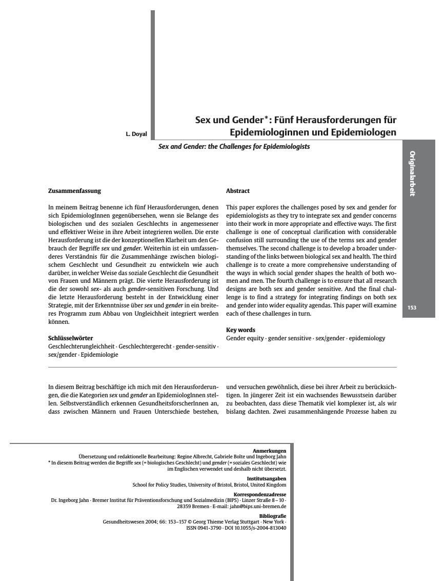 Vorschauseite 1: Sex und Gender: Fünf Herausforderungen für Epidemiologinnen und Epidemiologen