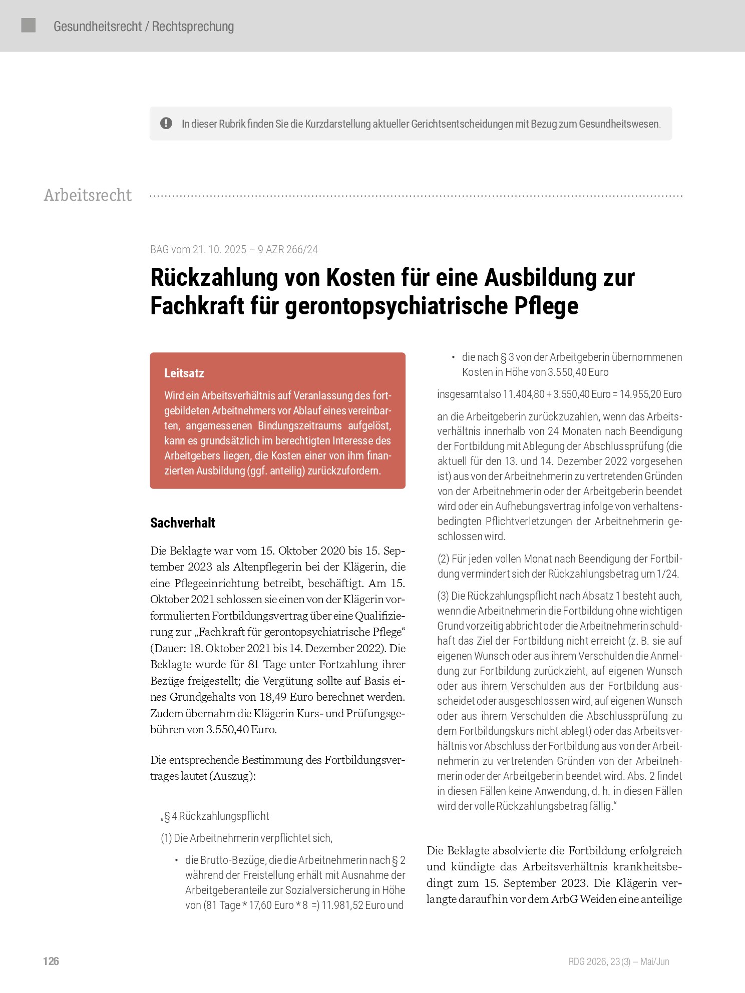 Vorschauseite 1: Rückzahlung von Kosten für eine Ausbildung zur Fachkraft für gerontopsychiatrische Pflege