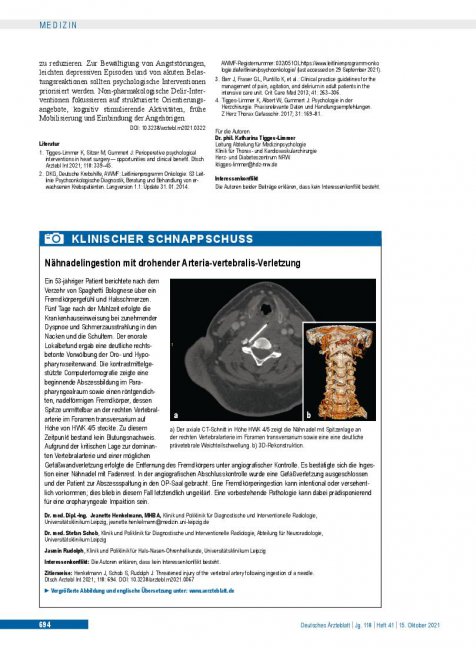 Vorschauseite 1: Nähnadelingestion mit drohender Arteria-vertebralis-Verletzung