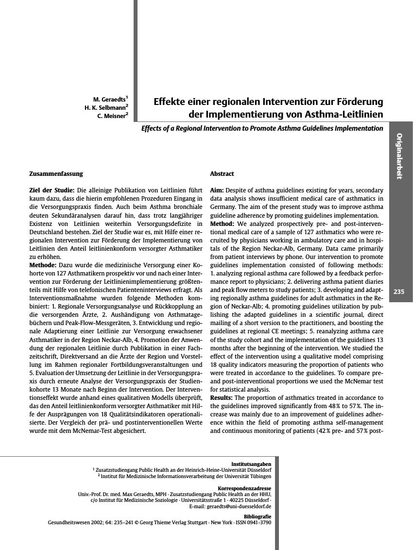 Vorschauseite 1: Effekte einer regionalen Intervention zur Förderung der Implementierung von Asthma-Leitlinien