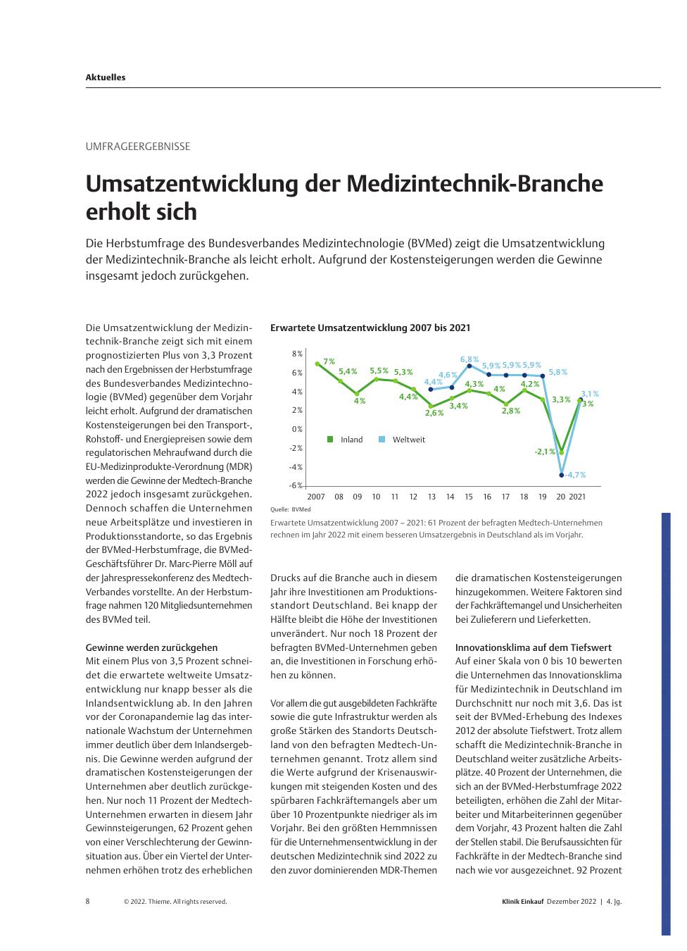 Vorschauseite 1: Umfrageergebnisse: Umsatzentwicklung der Medizintechnik-Branche erholt sich