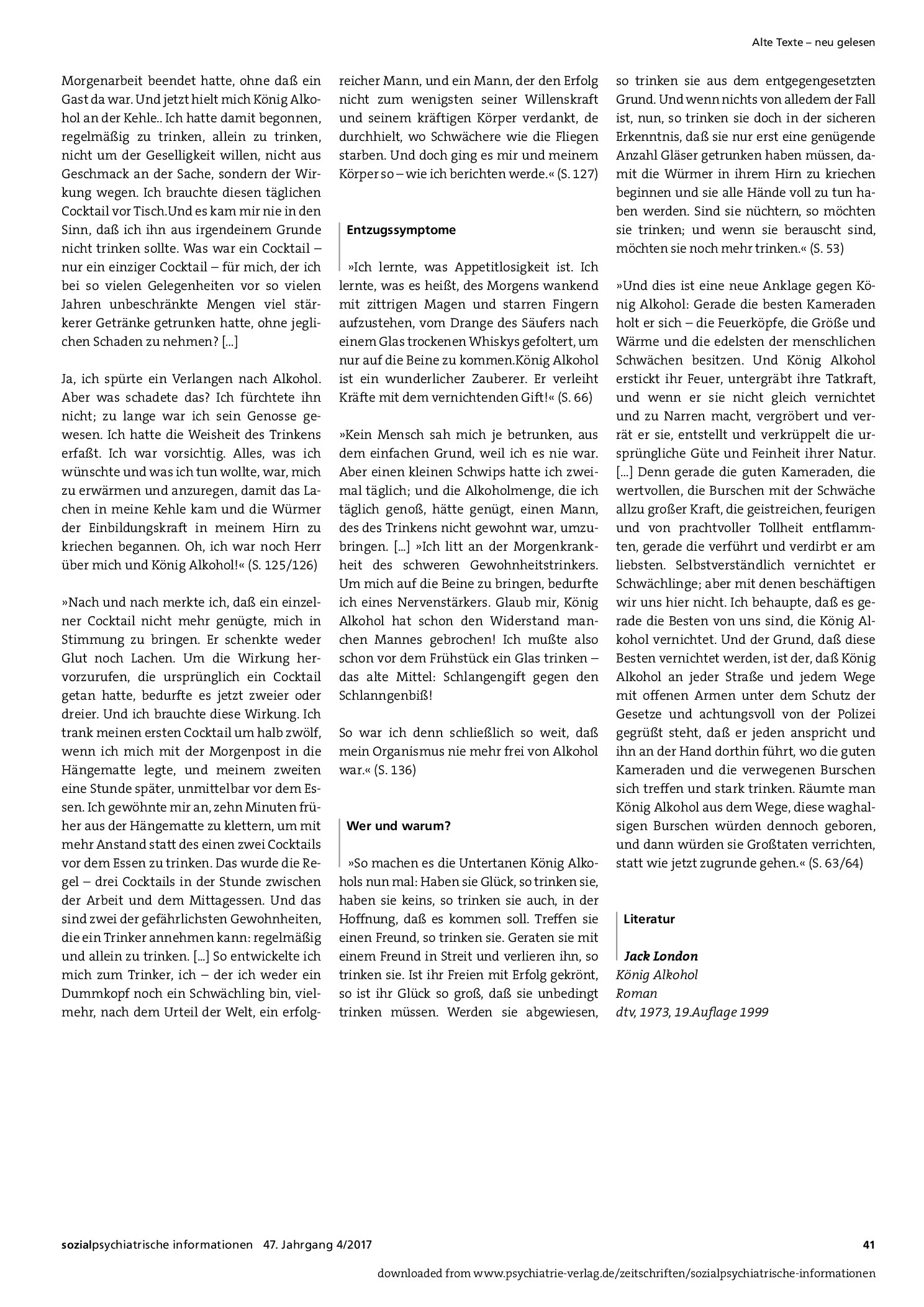 Vorschauseite 2: Alte Texte – neu gelesen: Jack London »König Alkohol«
