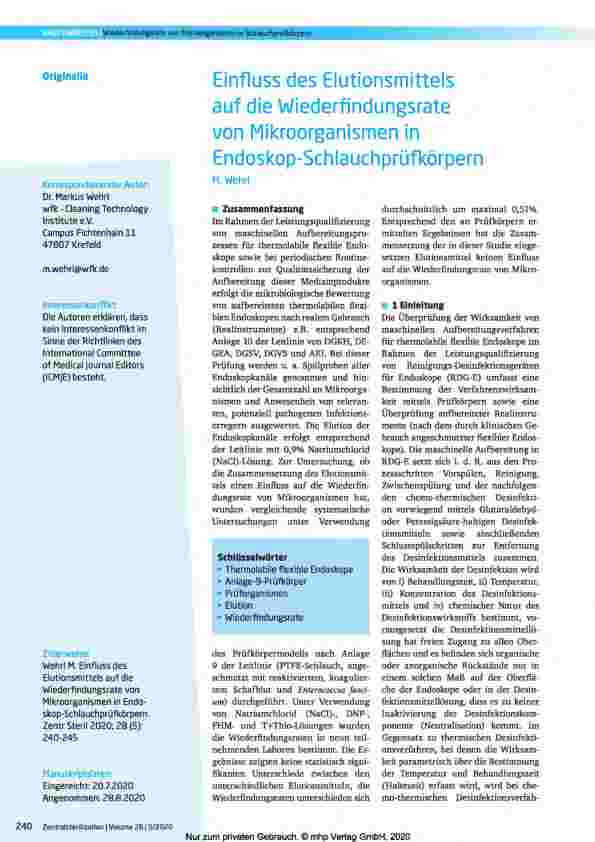 Vorschauseite 1: Einfluss des Elutionsmittels auf die Wiederfindungsrate von Mikroorganismen in Endoskopschlauchprüfkörpern