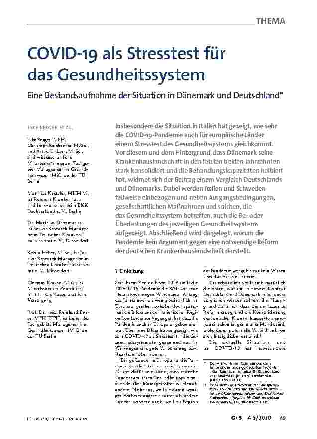 Vorschauseite 1: COVID-19 als Stresstest für das Gesundheitssystem: Eine Bestandsaufnahme der Situation in Dänemark und Deutschland*