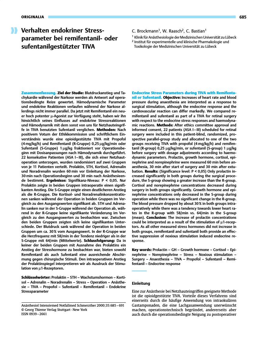 Vorschauseite 1: Verhalten endokriner Stress-parameter bei remifentaniloder sufentanilgestützter TIVA