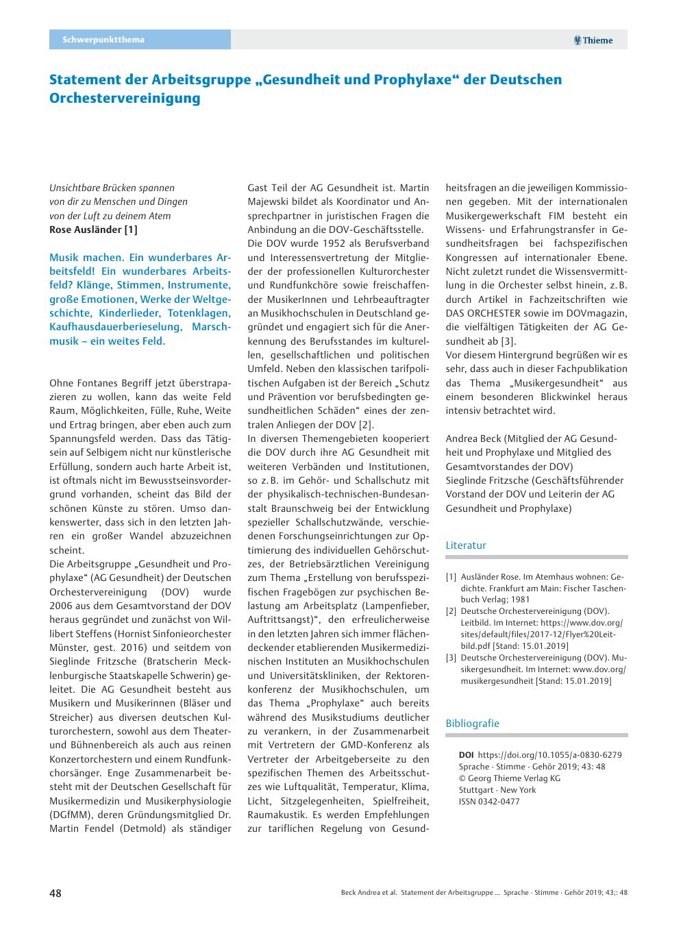 Vorschauseite 1: Statement der Arbeitsgruppe ?Gesundheit und Prophylaxe? der Deutschen Orchestervereinigung