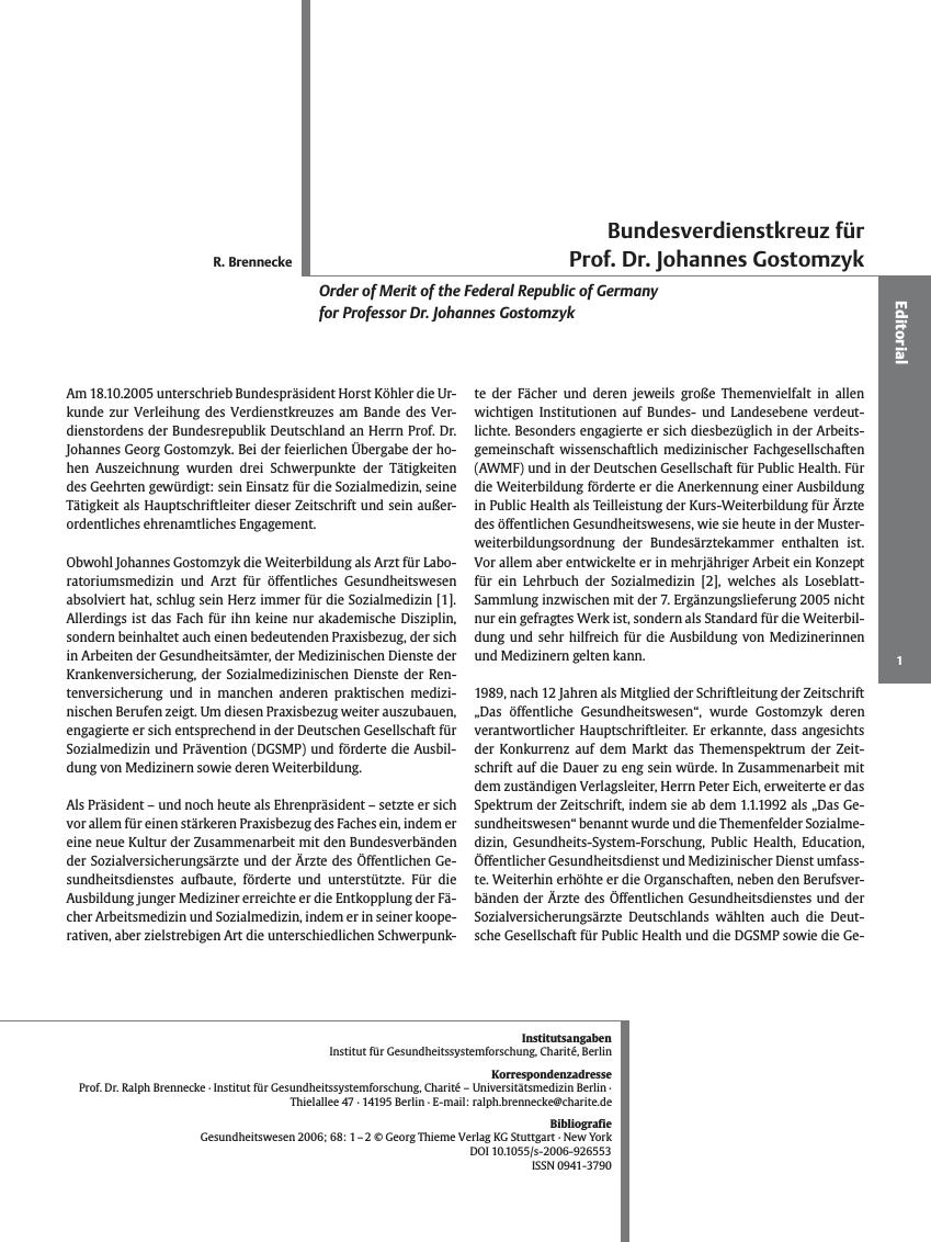 Vorschauseite 1: Bundesverdienstkreuz für Prof. Dr. Johannes Gostomzyk