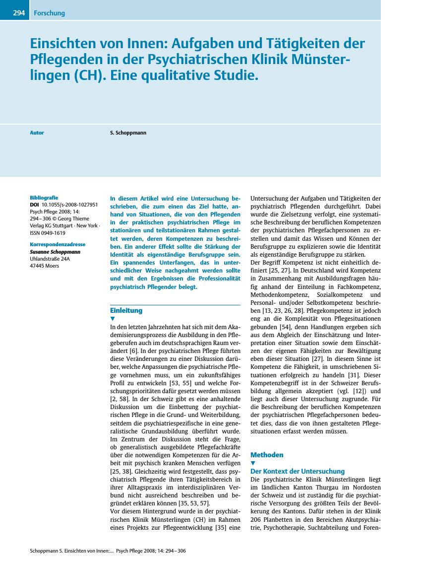 Vorschauseite 1: Einsichten von Innen: Aufgaben und Tätigkeiten der Pflegenden in der Psychiatrischen Klinik Münsterlingen (CH). Eine qualitative Studie.