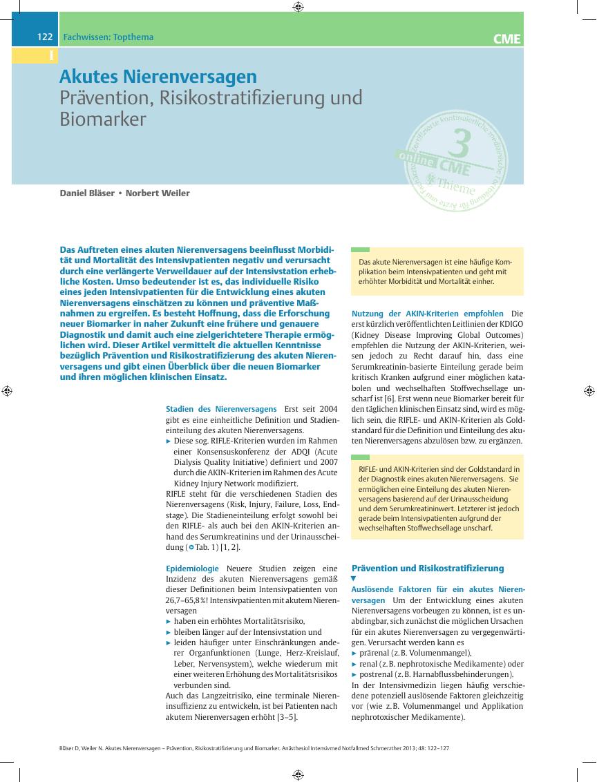 Vorschauseite 1: Akutes Nierenversagen – Prävention, Risikostratifizierung und Biomarker
