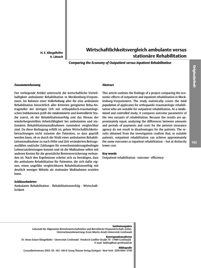 Vorschauseite 1: Wirtschaftlichkeitsvergleich ambulante versus stationäre Rehabilitation