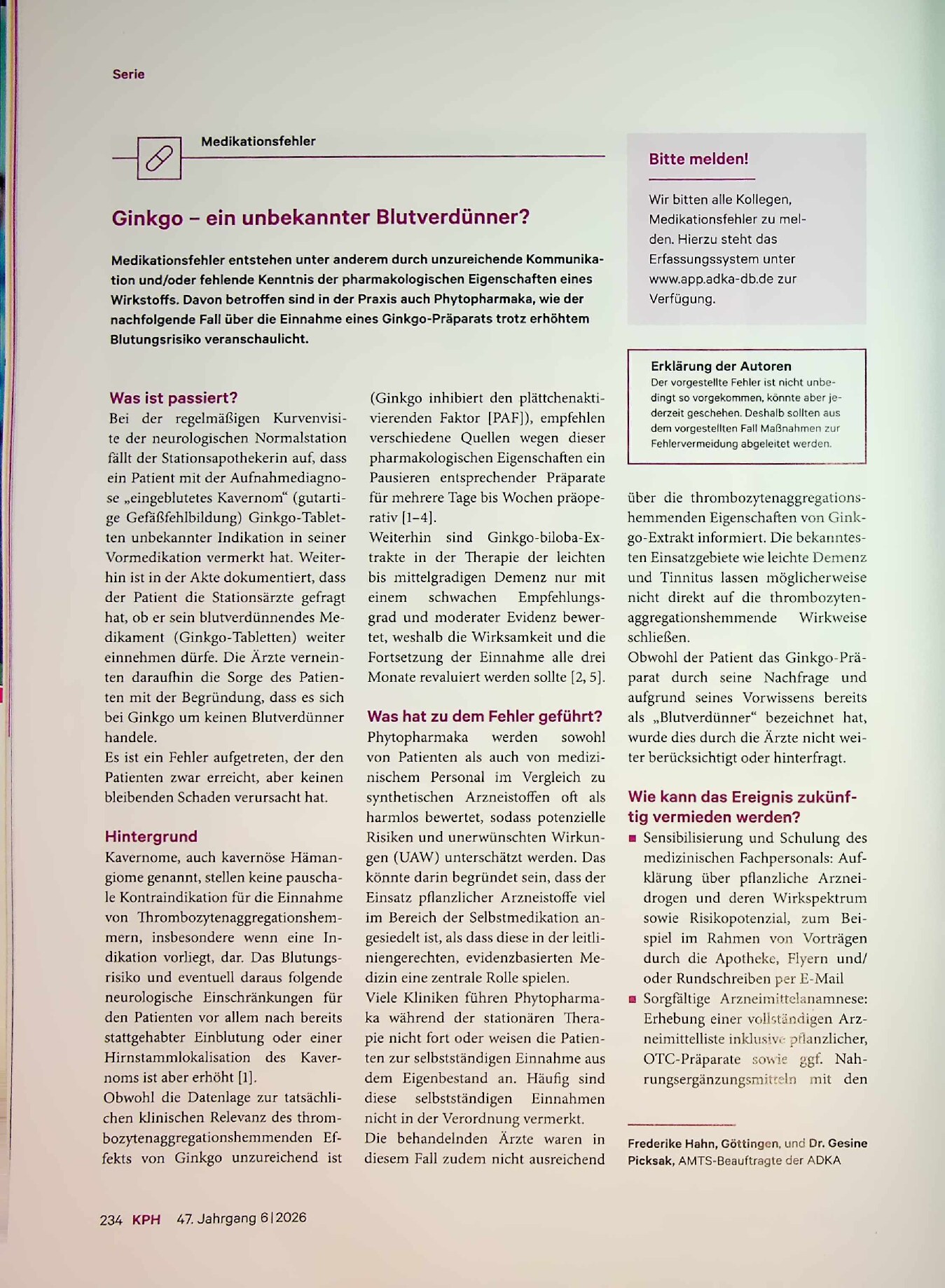 Vorschauseite 1: Ginkgo – ein unbekannter Blutverdünner? Medikationsfehler bitte melden!