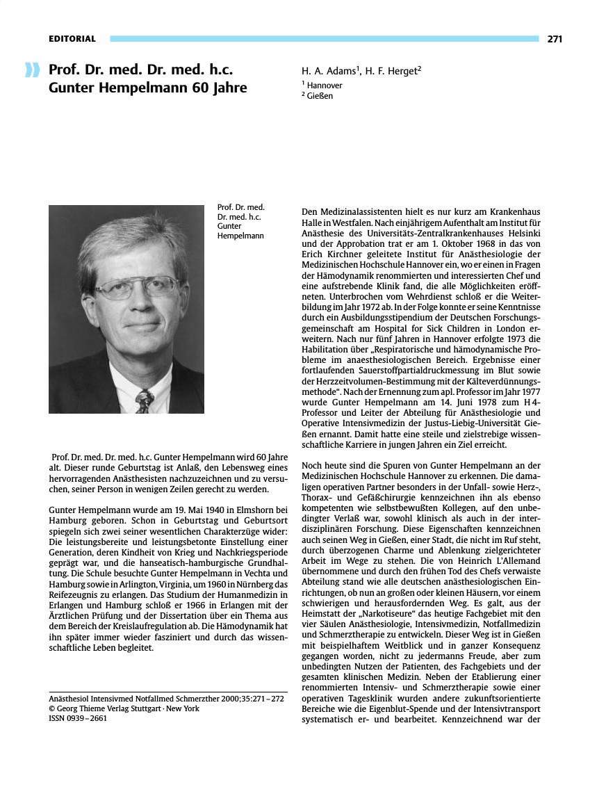 Vorschauseite 1: Prof. Dr. med. Dr. med. h. c. Gunter Hempelmann 60 Jahre