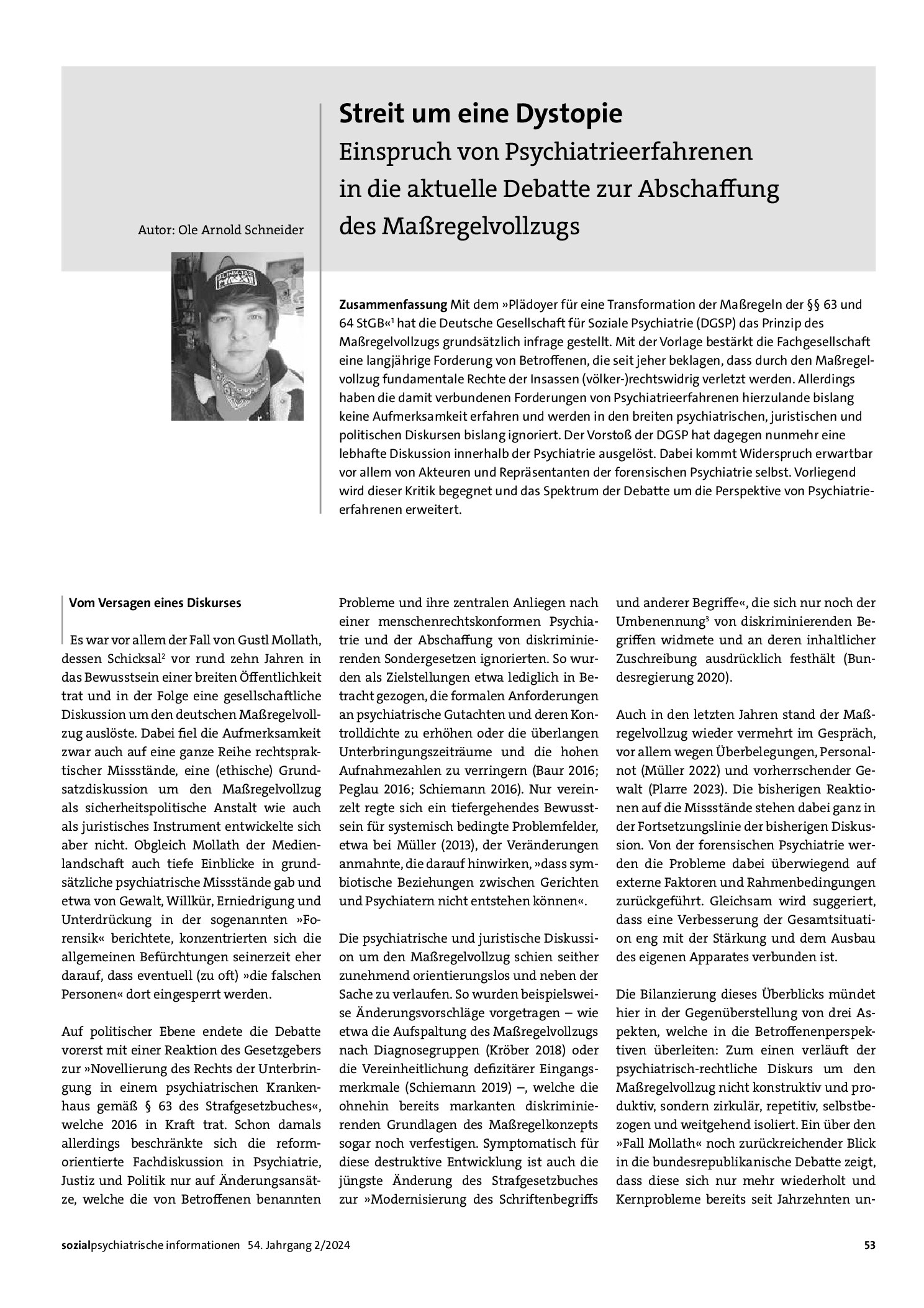Vorschauseite 1: Streit um eine Dystopie: Einspruch von Psychiatrieerfahrenen in die aktuelle Debatte zur Abschaffung des Maßregelvollzugs