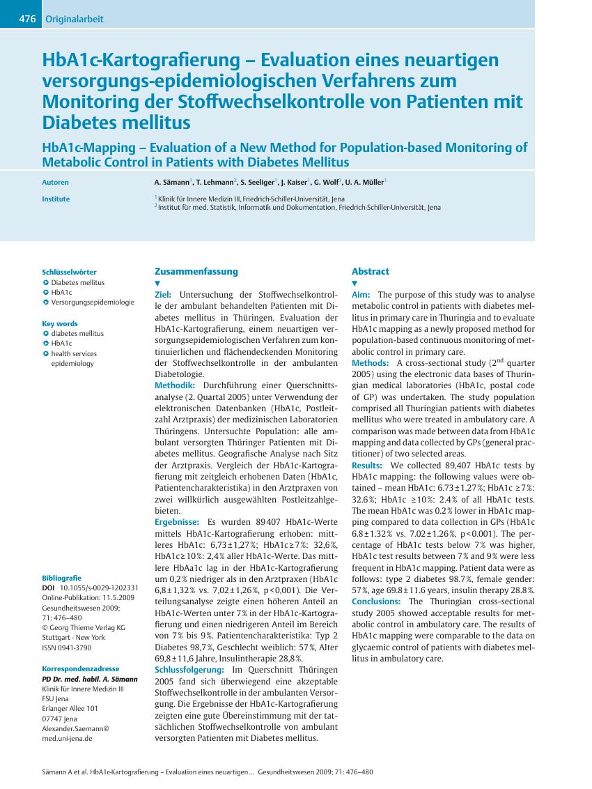 Vorschauseite 1: HbA1c-Kartografierung – Evaluation eines neuartigen versorgungs-epidemiologischen Verfahrens zum Monitoring der Stoffwechselkontrolle von Patienten mit Diabetes mellitus