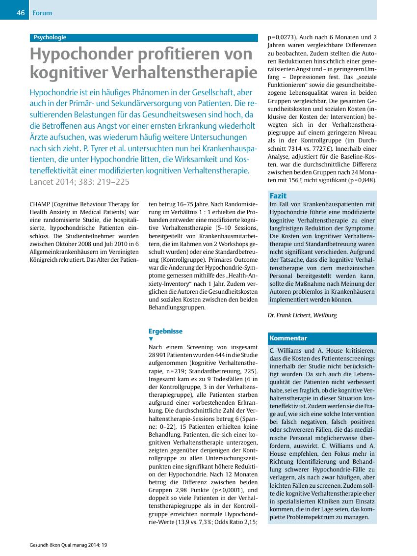 Vorschauseite 1: Psychologie – Hypochonder profitieren von kognitiver Verhaltenstherapie