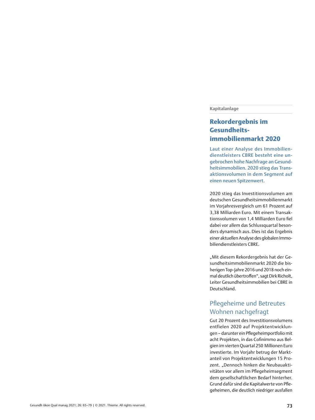 Vorschauseite 1: Kapitalanlage - Rekordergebnis im Gesundheitsimmobilienmarkt 2020