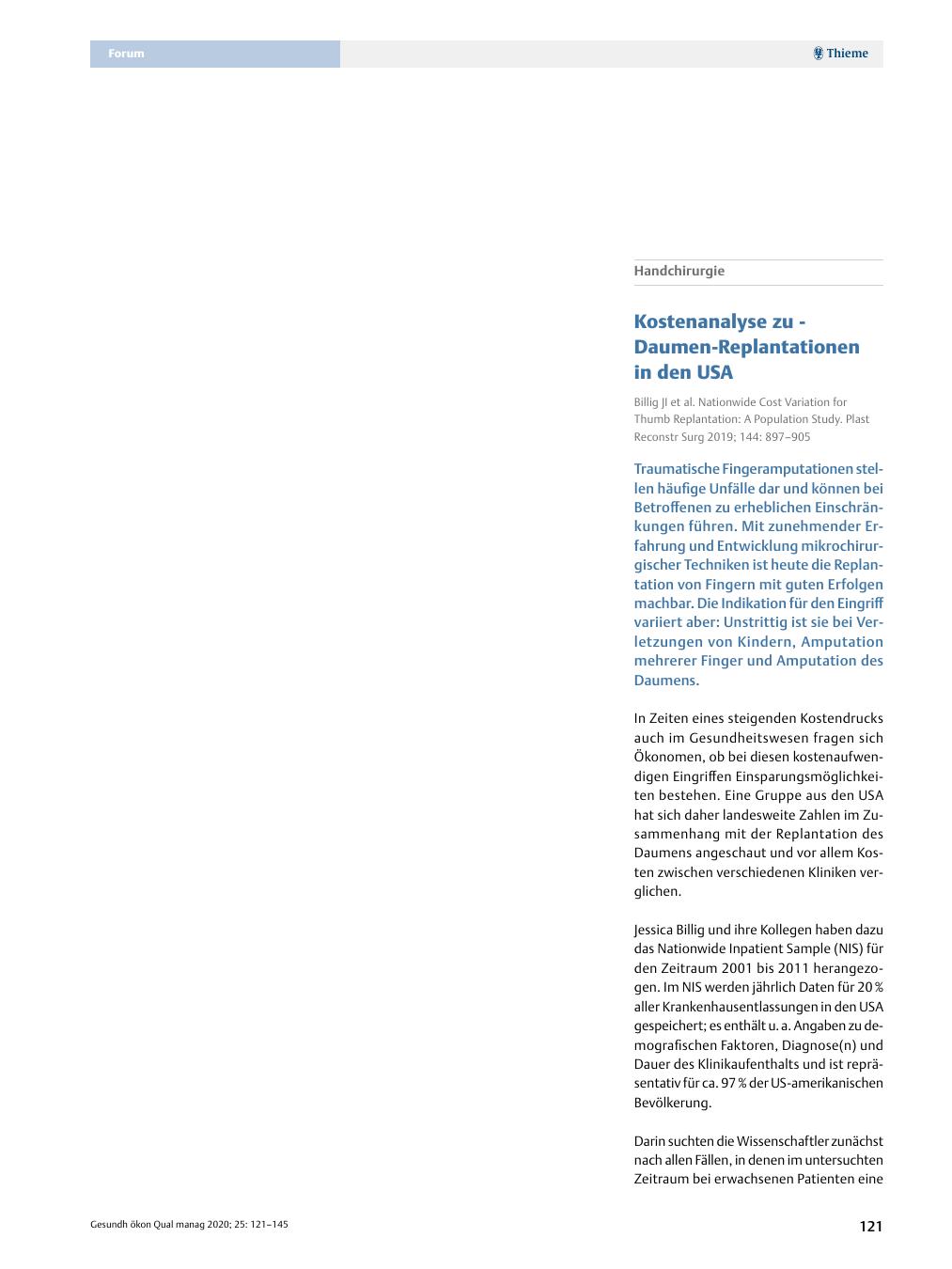 Vorschauseite 1: Handchirurgie – Kostenanalyse zur Daumen-Replantationen in den USA