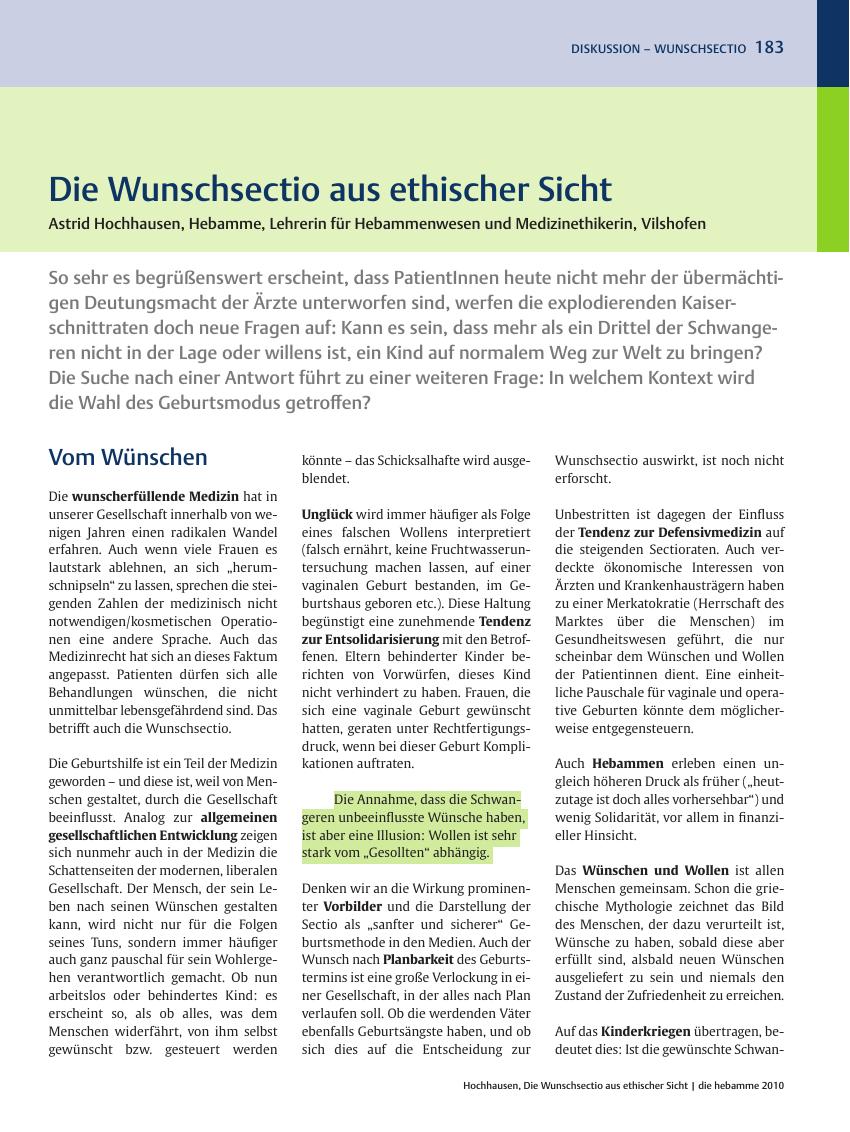 Vorschauseite 1: Die Wunschsectio aus ethischer Sicht