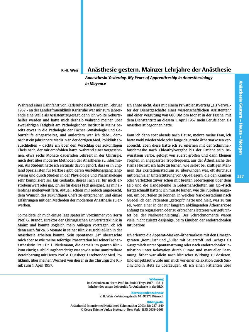 Vorschauseite 1: Anästhesie gestern. Mainzer Lehrjahre der Anästhesie