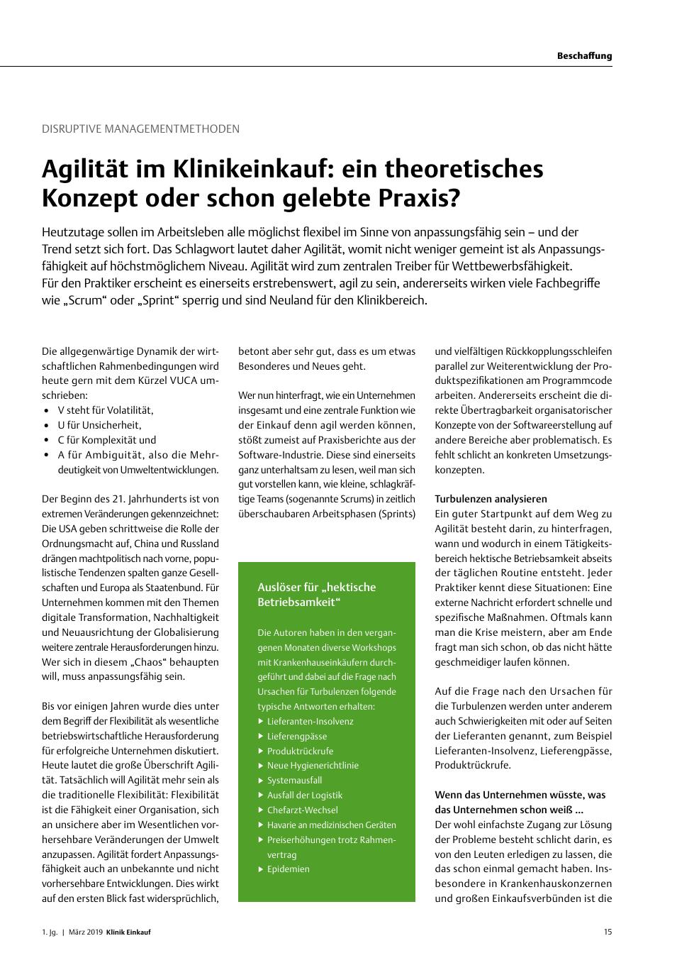 Vorschauseite 1: Disruptive Managementmethoden: Agilität im Klinikeinkauf: ein theoretisches Konzept oder schon gelebte Praxis?