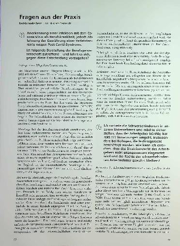 Vorschauseite 1: Anerkennung einer Infektion mit dem Corona-Virus als Berufskrankheit, jedoch Ab lehnung der Gewährung einer Verletzten rente wegen Post-Covid-Syndroms.