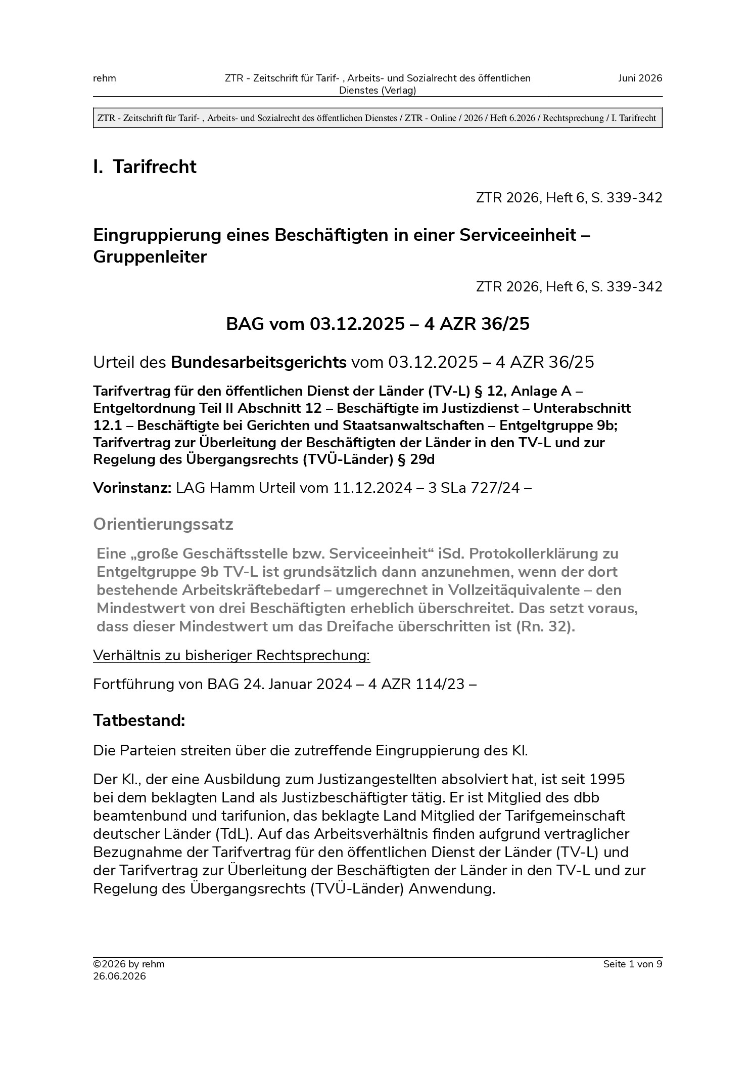 Vorschauseite 1: Eingruppierung eines Beschäftigten in einer Serviceeinheit – Gruppenleiter