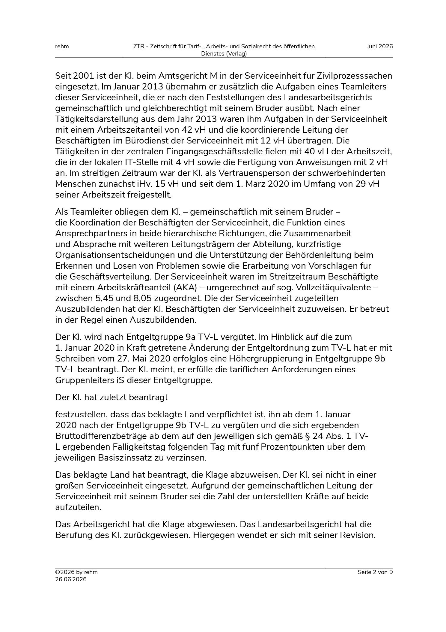 Vorschauseite 2: Eingruppierung eines Beschäftigten in einer Serviceeinheit – Gruppenleiter