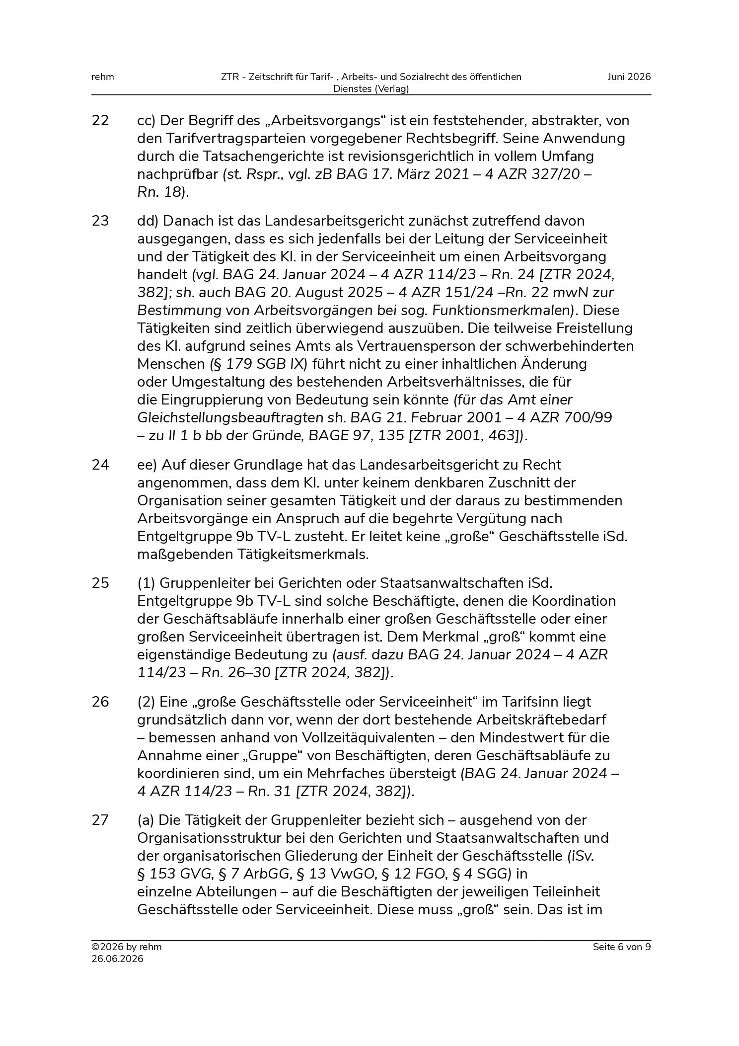 Vorschauseite 6: Eingruppierung eines Beschäftigten in einer Serviceeinheit – Gruppenleiter