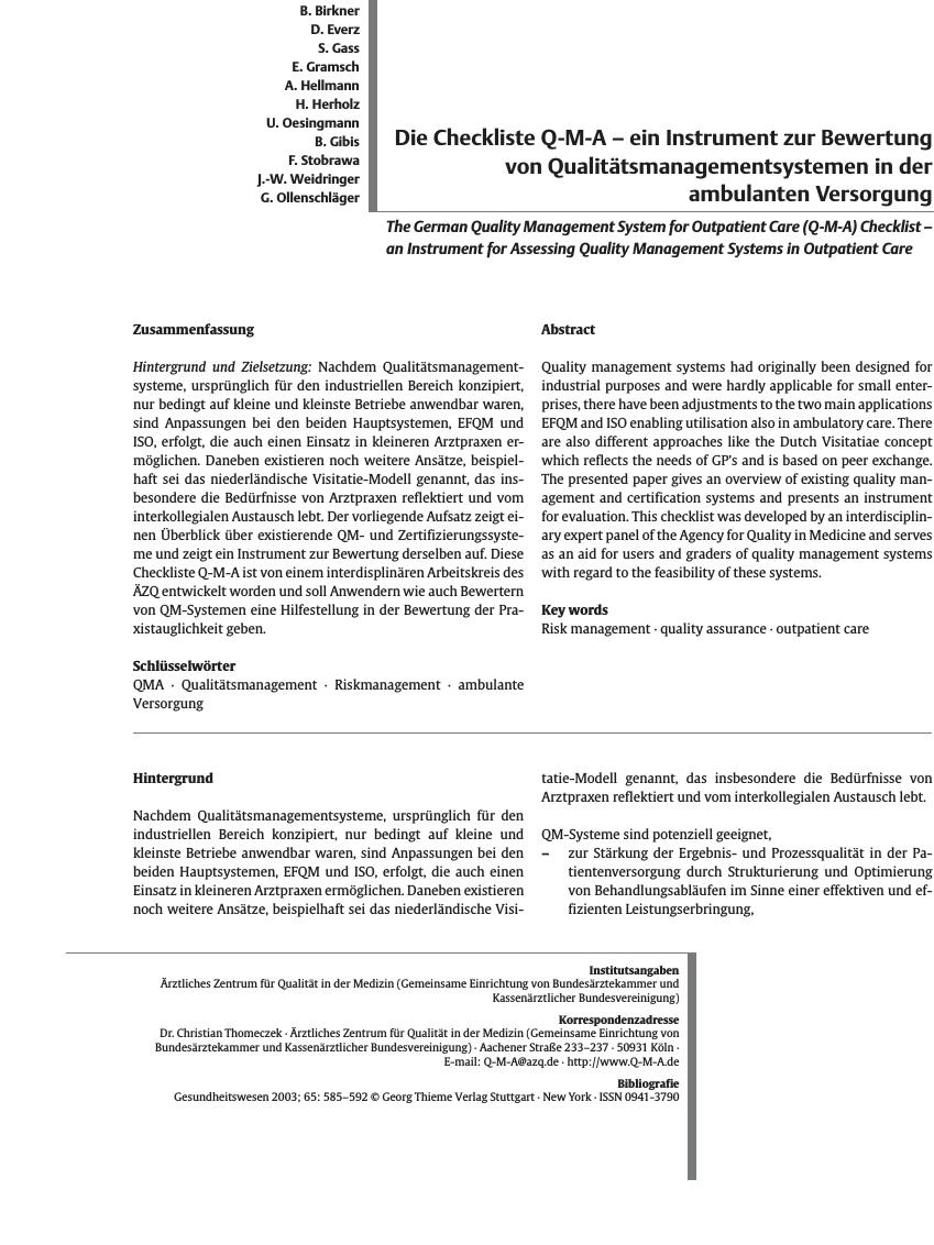 Vorschauseite 1: Die Checkliste Q-M-A - ein Instrument zur Bewertung von Qualitätsmanagementsystemen in der ambulanten Versorgung