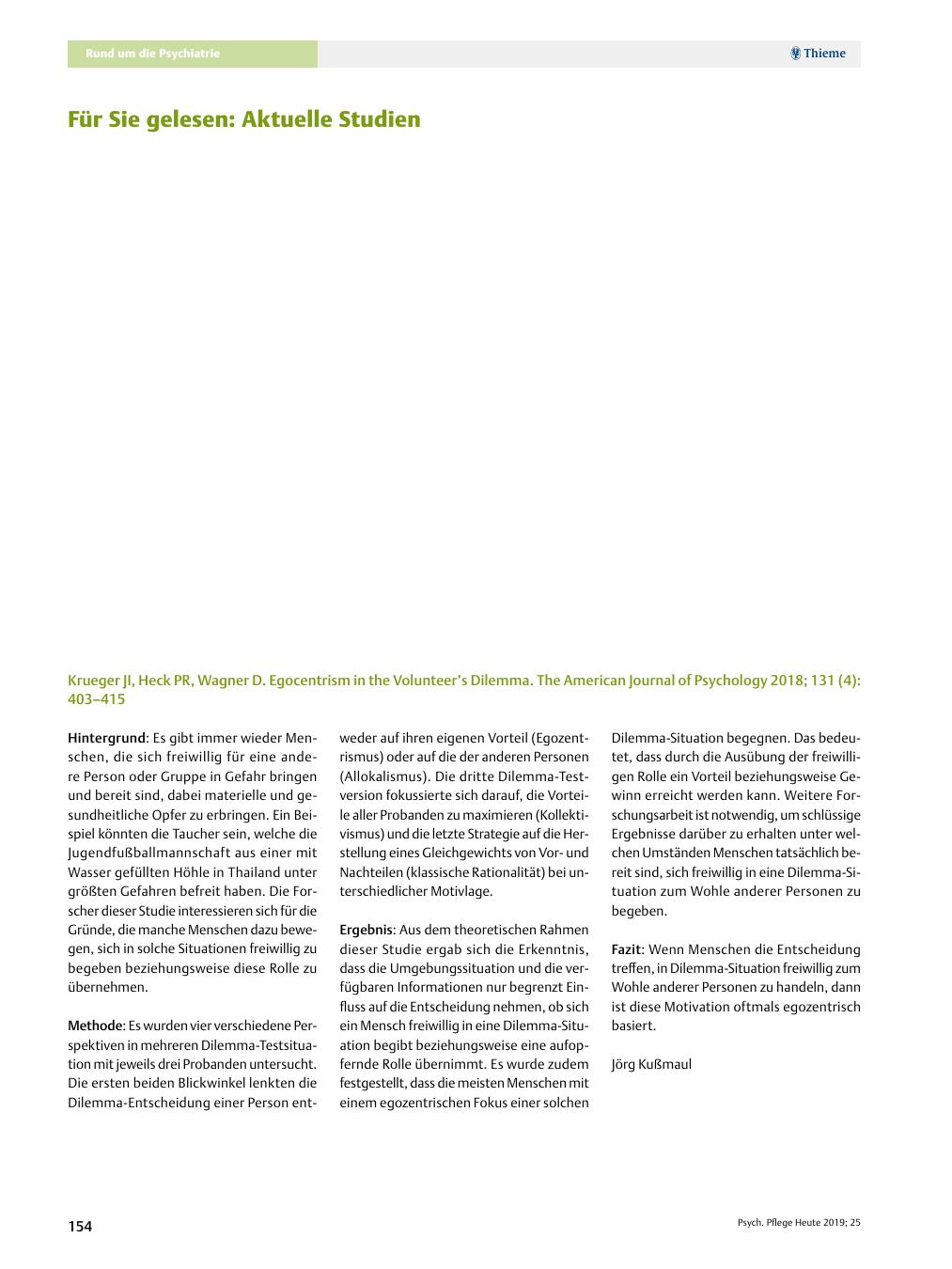 Vorschauseite 1: Für Sie gelesen: Aktuelle Studien: Krueger JI, Heck PR, Wagner D. Egocentrism in the Volunteer’s Dilemma. The American Journal of Psychology 2018; 131 (4): 403–415