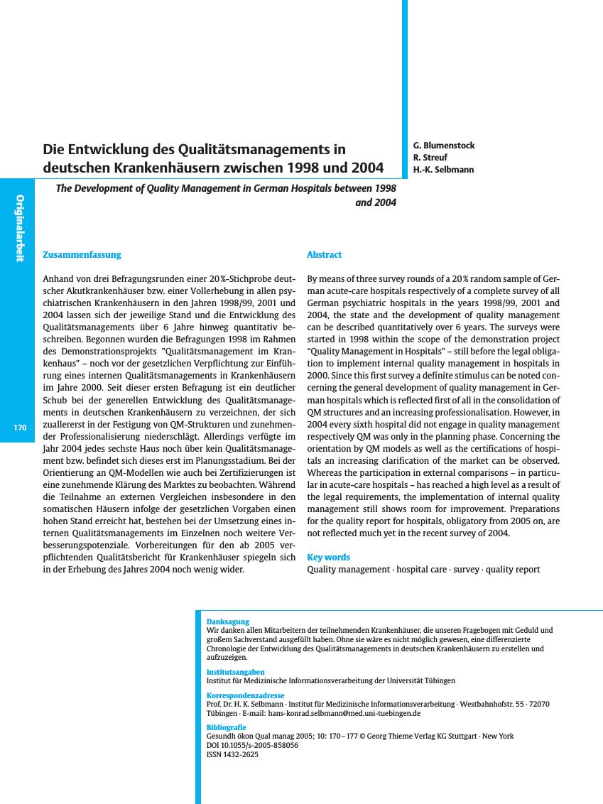 Vorschauseite 1: Die Entwicklung des Qualitätsmanagements in deutschen Krankenhäusern zwischen 1998 und 2004