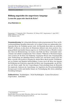Vorschauseite 1: Bildung angesichts des ungewissen Ausgangs Lernen für, gegen oder durch die Krise?