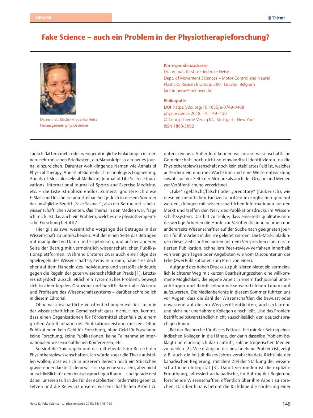 Vorschauseite 1: Fake Science – auch ein Problem in der Physiotherapieforschung?