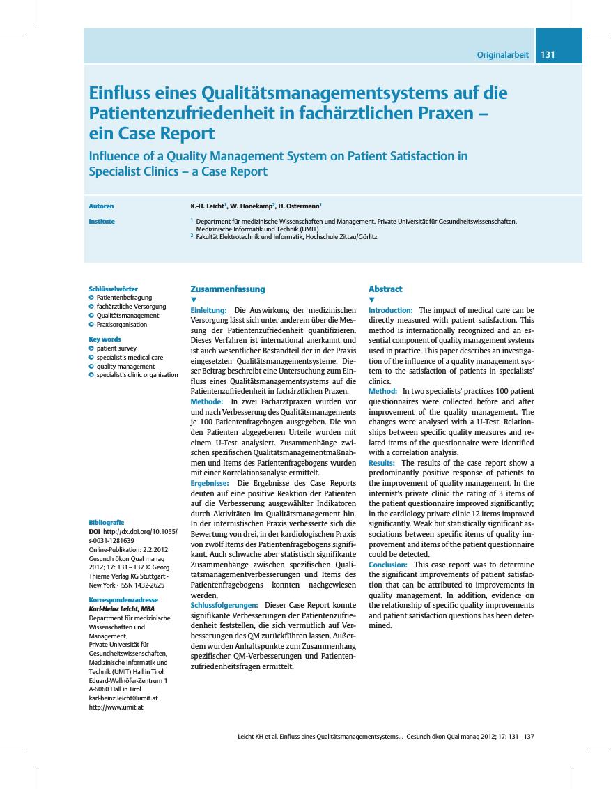 Vorschauseite 1: Einfluss eines Qualitätsmanagementsystems auf die Patientenzufriedenheit in fachärztlichen Praxen – ein Case Report