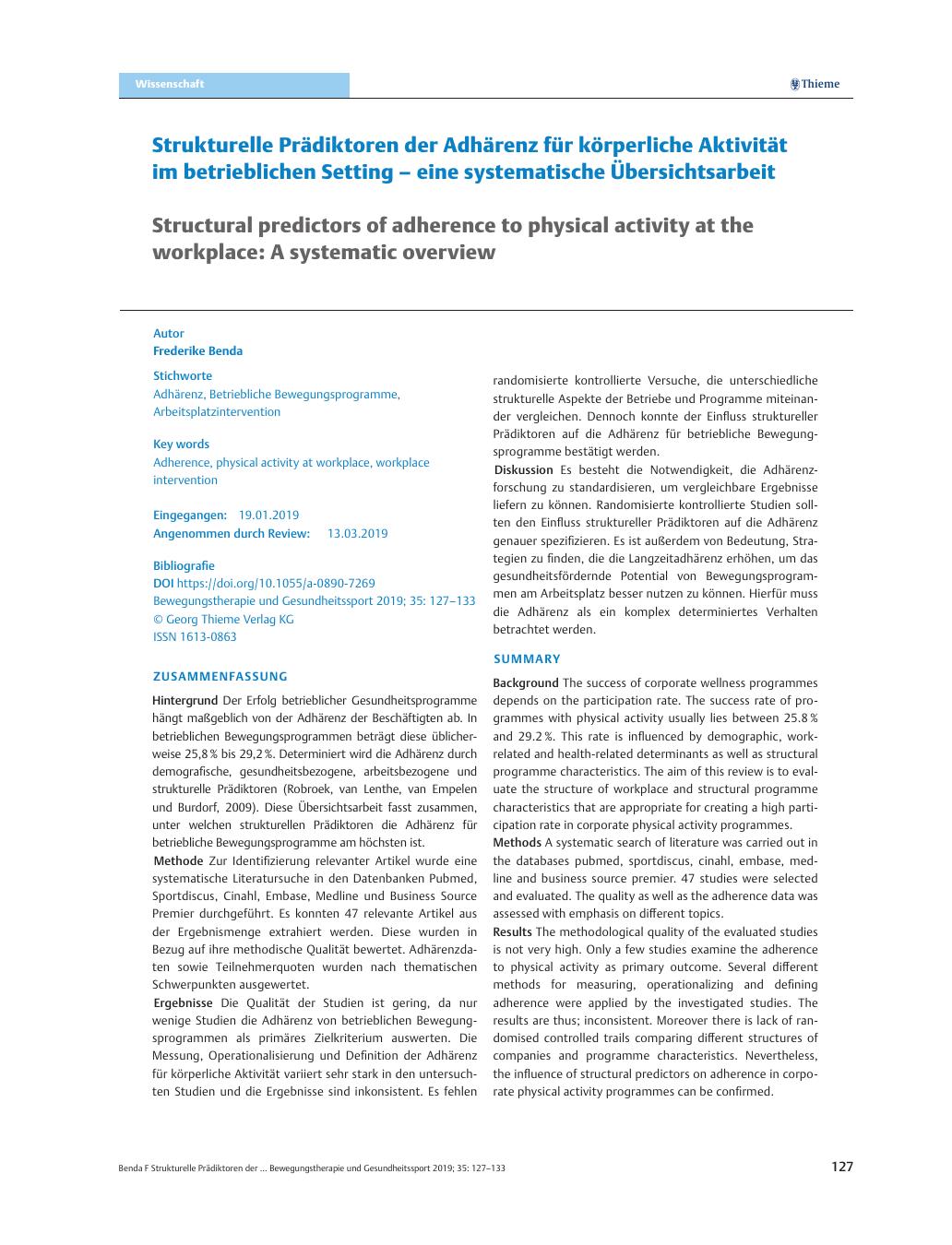Vorschauseite 1: Strukturelle Prädiktoren der Adhärenz für körperliche Aktivität im betrieblichen Setting ? eine systematische Übersichtsarbeit