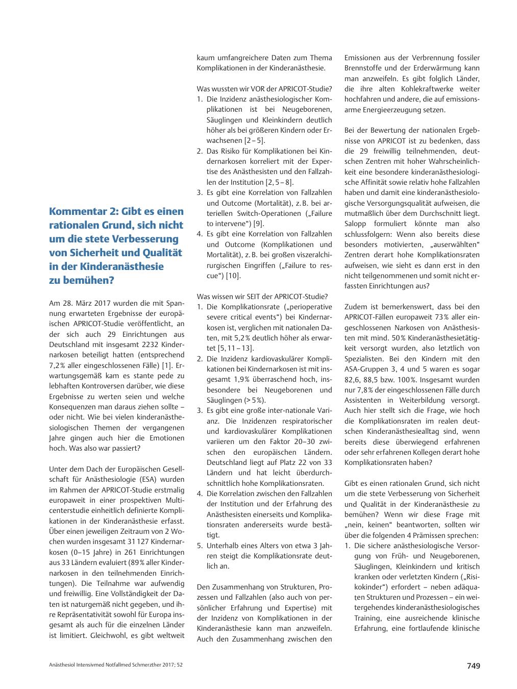 Vorschauseite 1: Kommentar 2: Gibt es einen rationalen Grund, sich nicht um die stete Verbesserung von Sicherheit und Qualität in der Kinderanästhesie zu bemühen?
