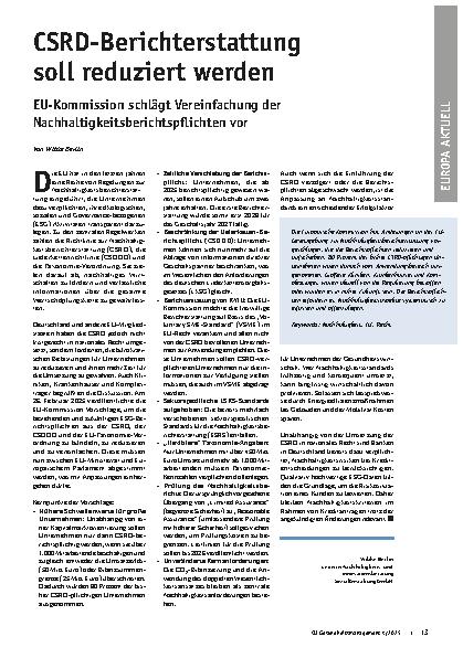 Vorschauseite 1: CSRD-Berichterstattung soll reduziert werden EU-Kommission schlägt Vereinfachung der Nachhaltigkeitsberichtspflichten vor