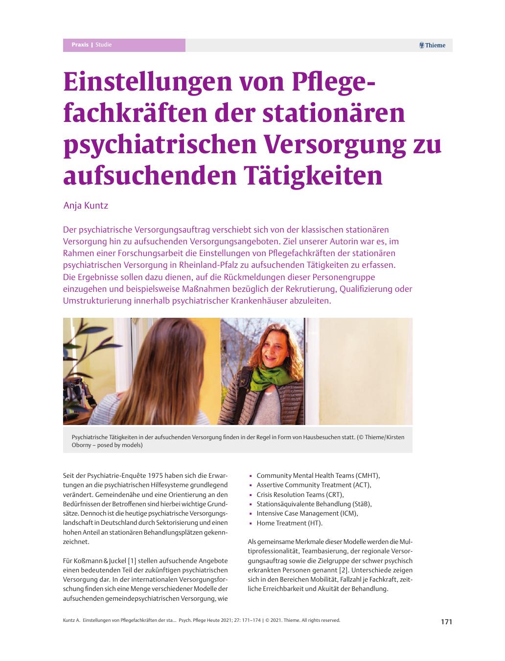 Vorschauseite 1: Einstellungen von Pflegefachkräften der stationären psychiatrischen Versorgung zu aufsuchenden Tätigkeiten