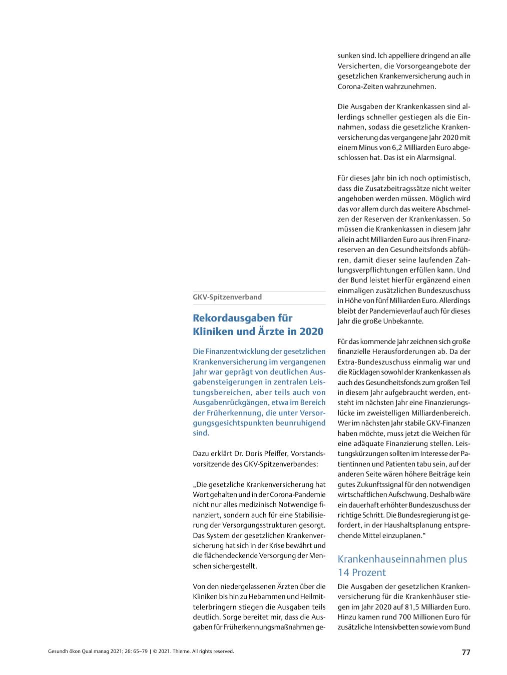 Vorschauseite 1: GKV-Spitzenverband – Rekordausgaben für Kliniken und Ärzte in 2020