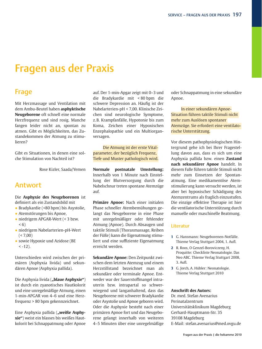 Vorschauseite 1: Fragen aus der Praxis: Asphyxie des Neugeborenen