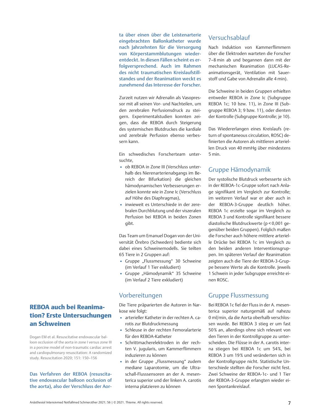 Vorschauseite 1: REBOA auch bei Reanimation? Erste Untersuchungen an Schweinen