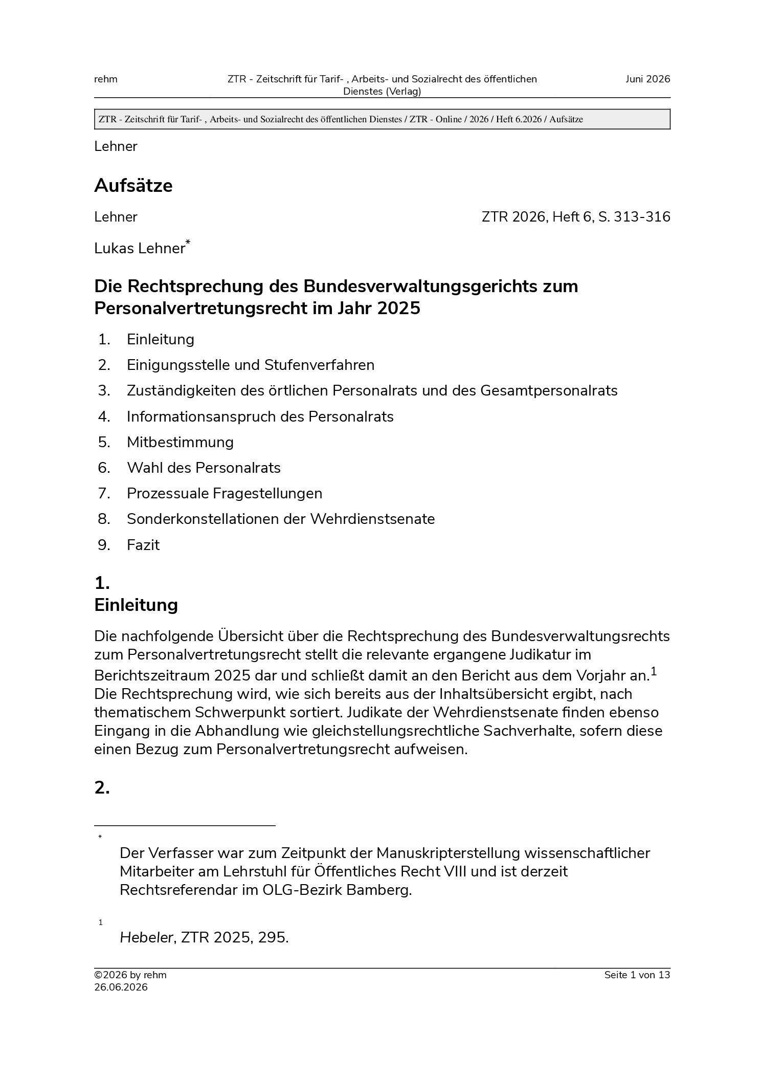 Vorschauseite 1: Die Rechtsprechung des Bundesverwaltungsgerichts zum Personalvertretungsrecht im Jahr 2025