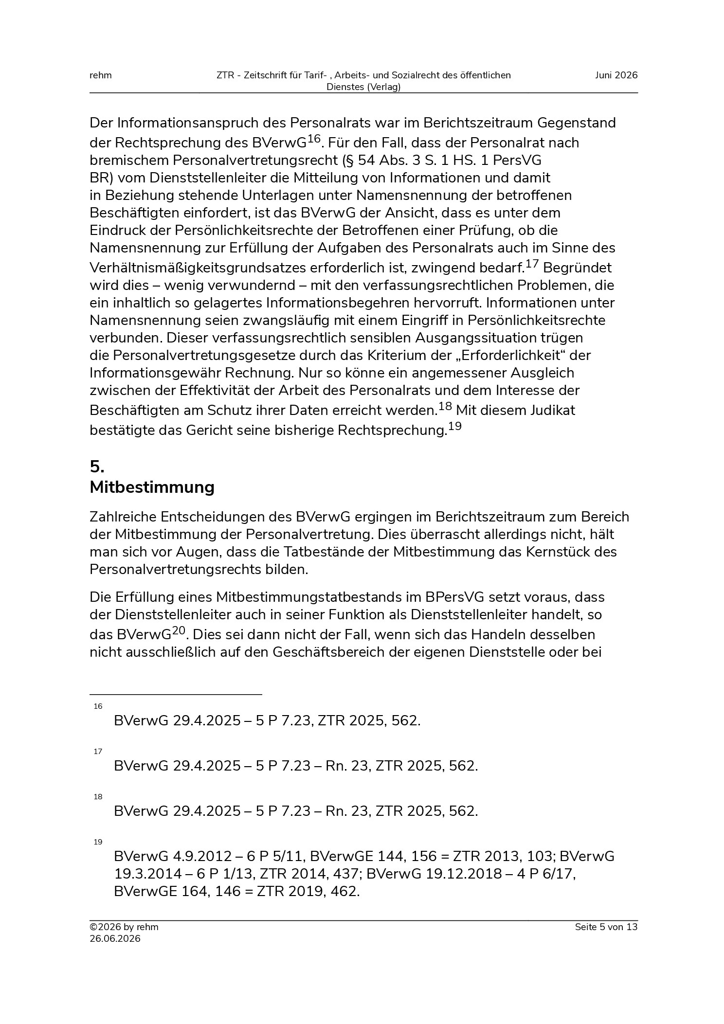 Vorschauseite 5: Die Rechtsprechung des Bundesverwaltungsgerichts zum Personalvertretungsrecht im Jahr 2025