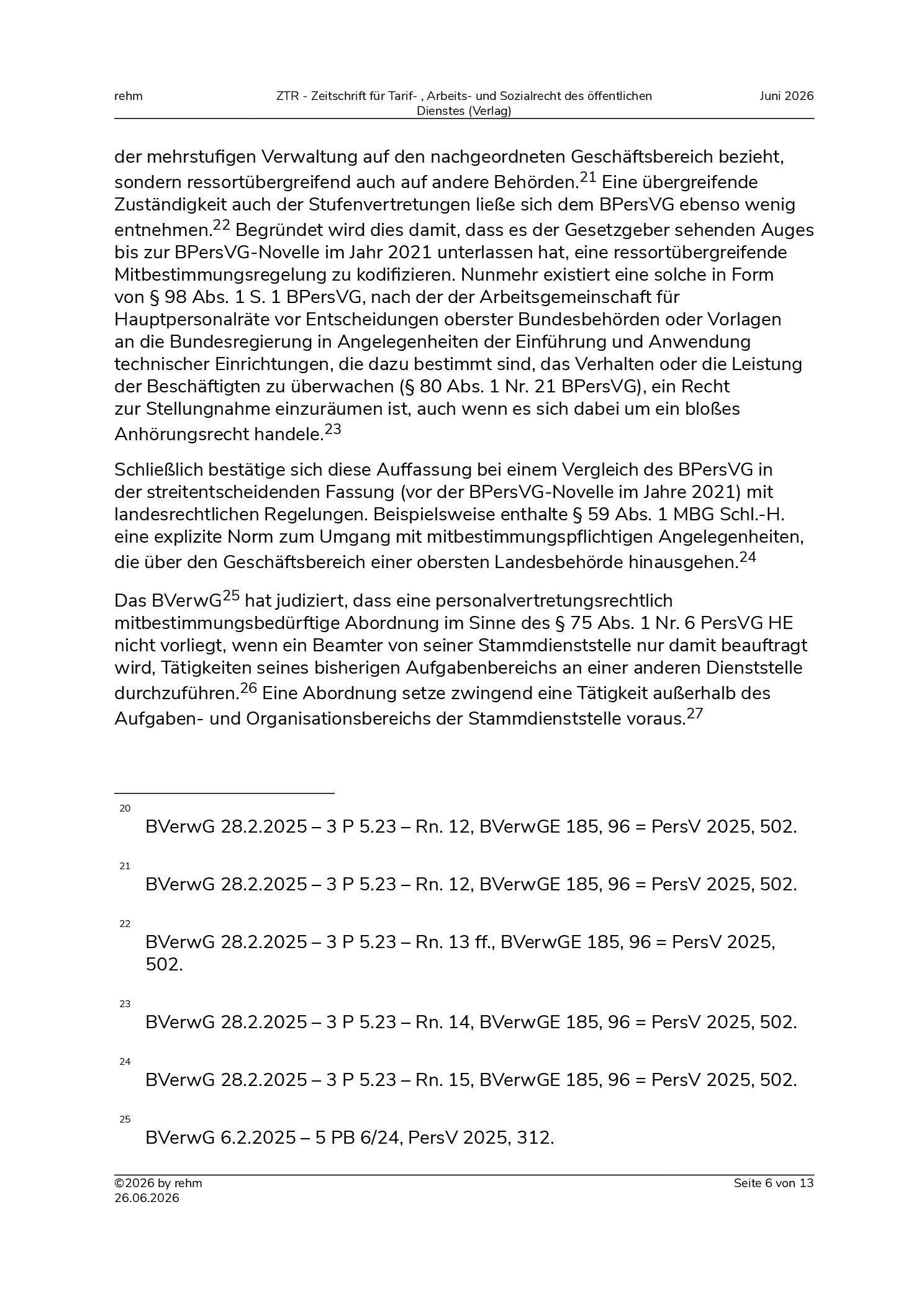Vorschauseite 6: Die Rechtsprechung des Bundesverwaltungsgerichts zum Personalvertretungsrecht im Jahr 2025