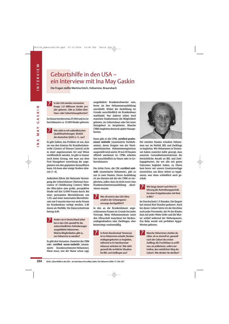 Vorschauseite 1: Geburtshilfe in den USA - ein Interview mit Ina May Gaskin