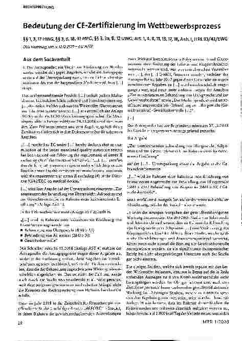 Vorschauseite 1: Bedeutung der CE-Zertifizierung im Wettbewerbsprozess §§ 1, 3, 17 HWG, §§ 3, 6, 18, 37 MPG, §§ 3, 3a, 8, 12 UWG, Art. 1, 4, 8, 11, 13, 17, 18, Anh. I, II RL 93/42/EWG