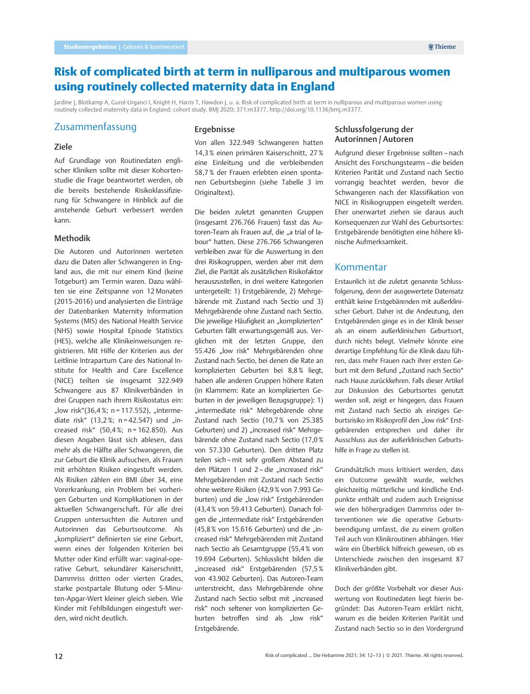 Vorschauseite 1: Risk of complicated birth at term in nulliparous and multiparous women using routinely collected maternity data in England