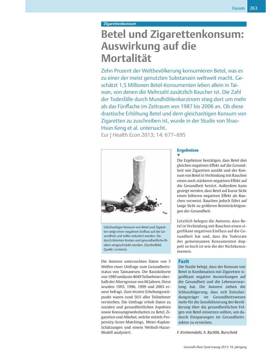 Vorschauseite 1: Zigarettenkonsum ? Betel und Zigarettenkonsum: Auswirkung auf die Mortalität