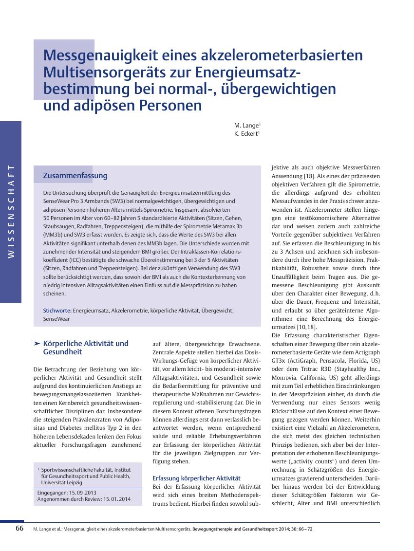 Vorschauseite 1: Messgenauigkeit eines akzelerometerbasierten Multisensorgeräts zur Energieumsatzbestimmung bei normal-, übergewichtigen und adipösen Personen